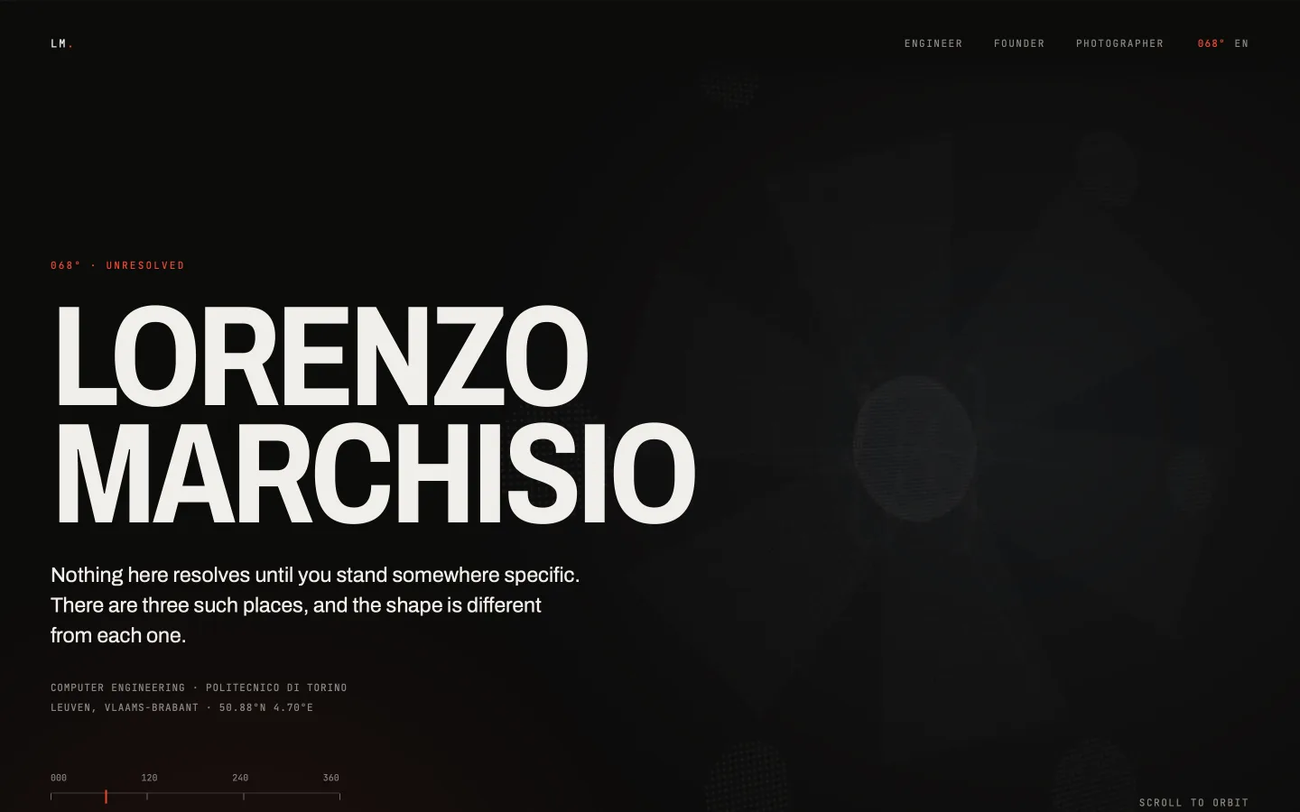 The lorenzomarchisio.me home page on a laptop: the name in large type over a faint orbit of shapes, with the section links in the top bar.
