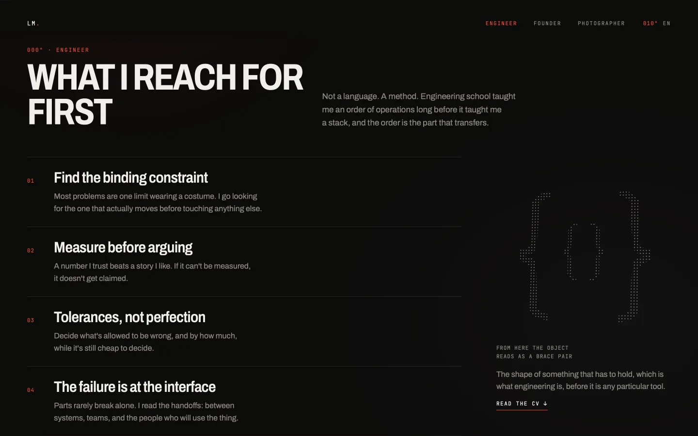 The engineering part of the home page, with four short principles listed on the left and a dotted brace pair drawn on the right.