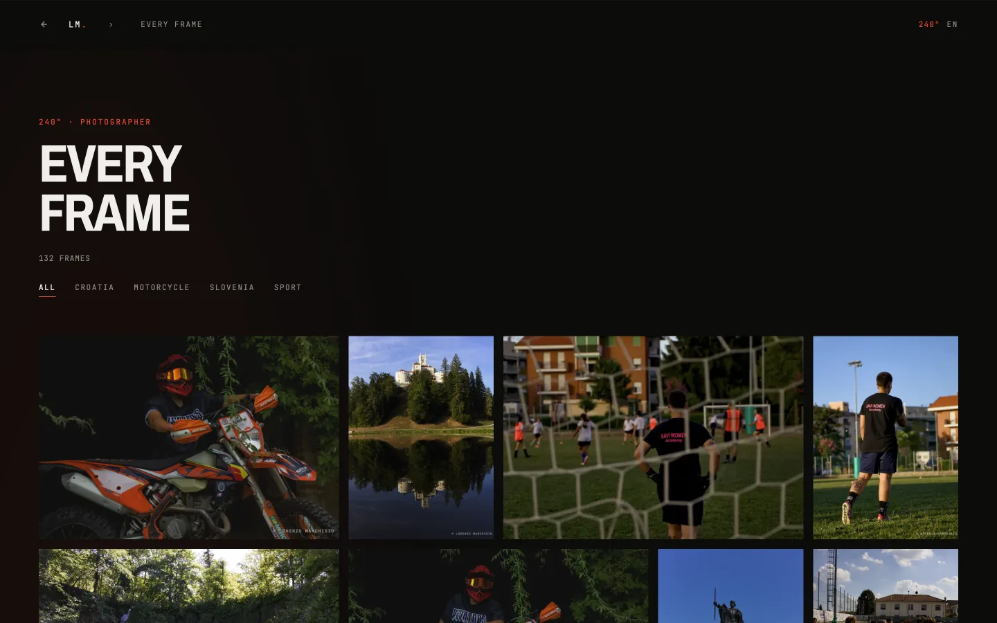 The photo gallery page, with the heading EVERY FRAME, a frame count, subject filters and a grid of photographs.
