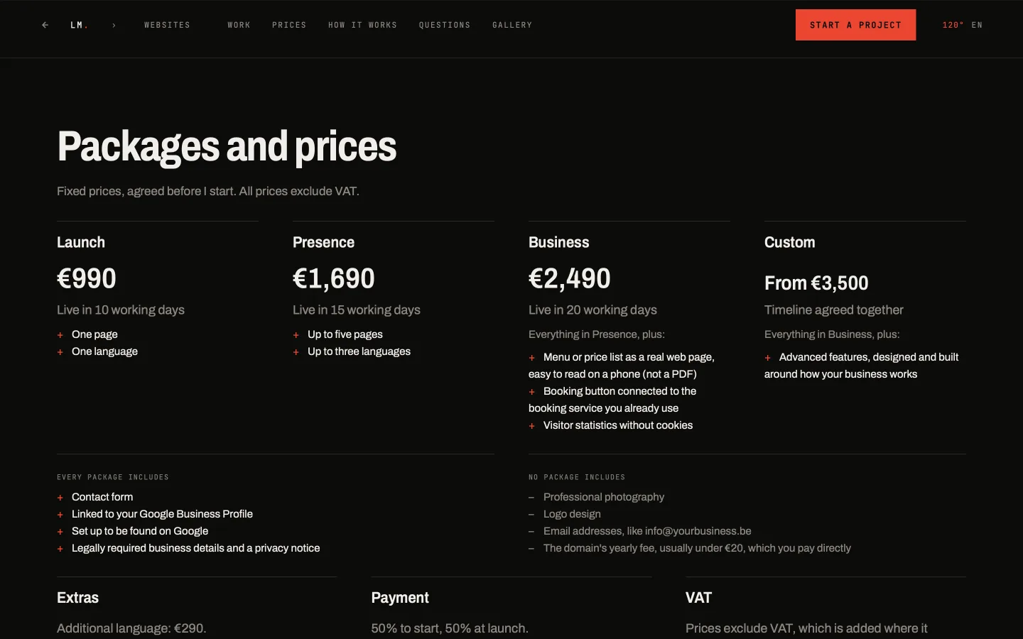 The packages and prices section of the studio page, with four packages side by side and what every package includes underneath.